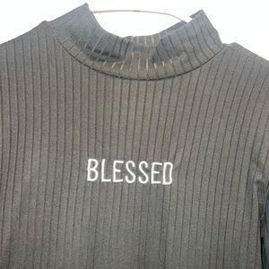 Gray Ribbed Mock Neck Top with 'Blessed' Embroidery